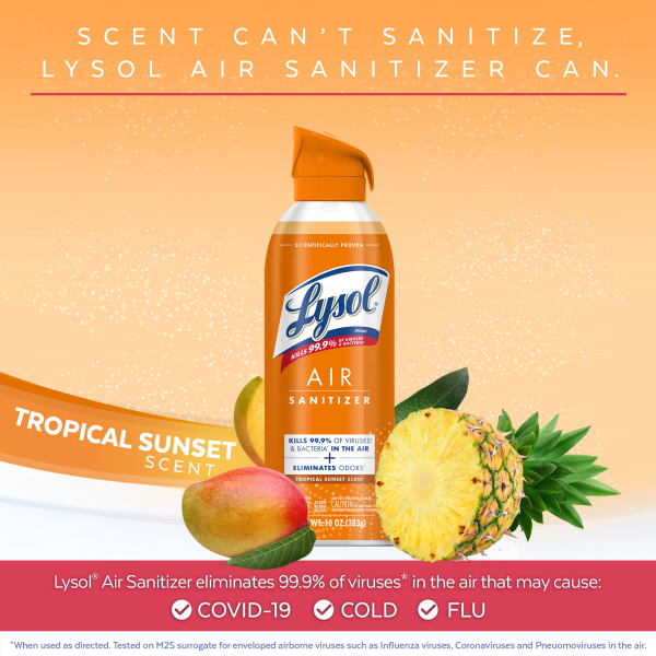 slide 8 of 21, Lysol Air Sanitizing Spray, Odor Eliminating Air Freshener, Tropical Sunset, 10 oz, 10 oz