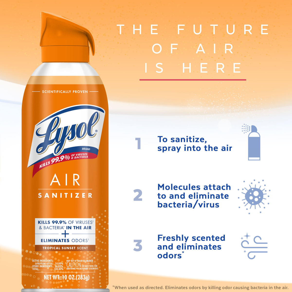 slide 16 of 21, Lysol Air Sanitizing Spray, Odor Eliminating Air Freshener, Tropical Sunset, 10 oz, 10 oz