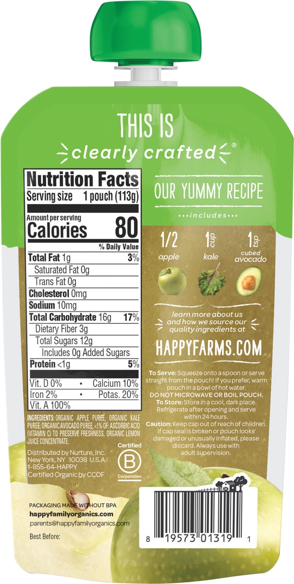 slide 3 of 3, Happy Baby Organics Clearly Crafted Stage 2 Apples, Kale & Avocados Pouch 4oz UNIT, 