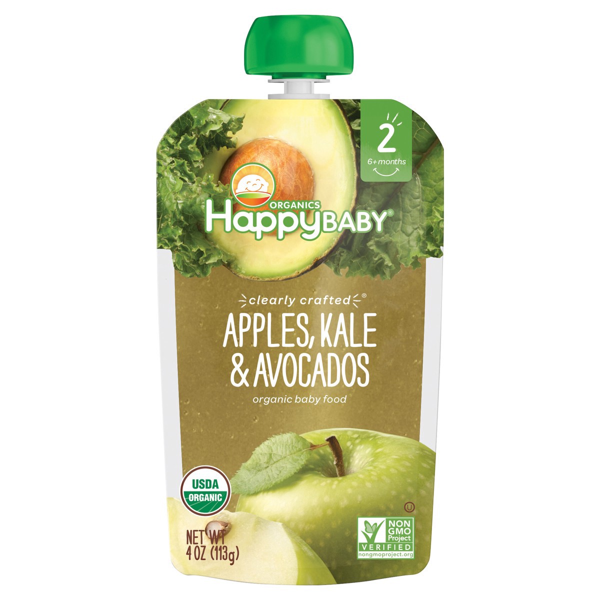 slide 1 of 3, Happy Baby Organics Clearly Crafted Stage 2 Apples, Kale & Avocados Pouch 4oz UNIT, 