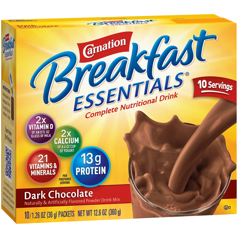 slide 1 of 1, Carnation Breakfast Essentials Instant Dark Chocolate Drink Mix, 10 ct; 1.26 oz