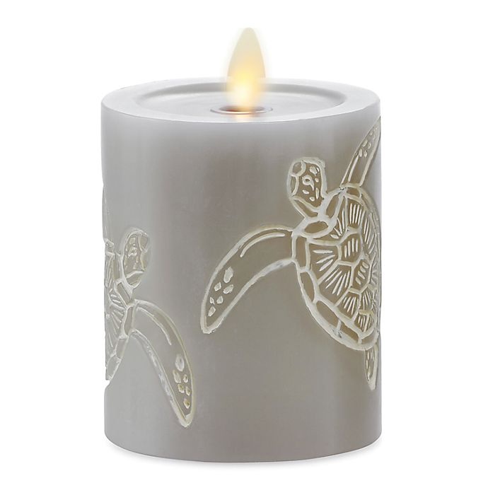 slide 1 of 3, Luminara Moving Flame Grey Turtle Real-Flame Effect Pillar Candle, 4.5 in