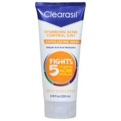 Clearasil Stubborn Acne Control 5in1 Exfoliating Wash 6.78 fl. oz., Reduces Blocked Pores, Pimple Size, Excess Oil, Acne Marks, Blackheads