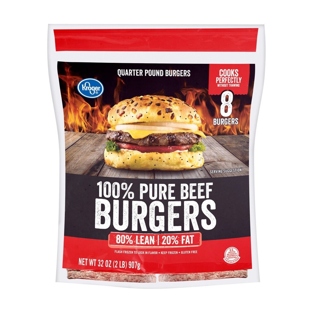slide 1 of 1, Kroger Frozen Ground Beef Burgers 80% Lean 20% Fat, 8 ct; 2 lb