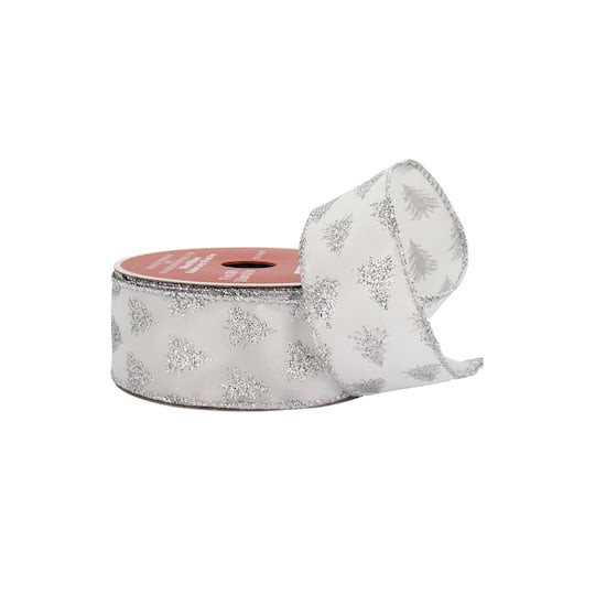 slide 1 of 3, 1.5" X 30ft. Silver Glitter Tree White Taffeta Wired Ribbon By Celebrate It, 1.5 in x 30 ft