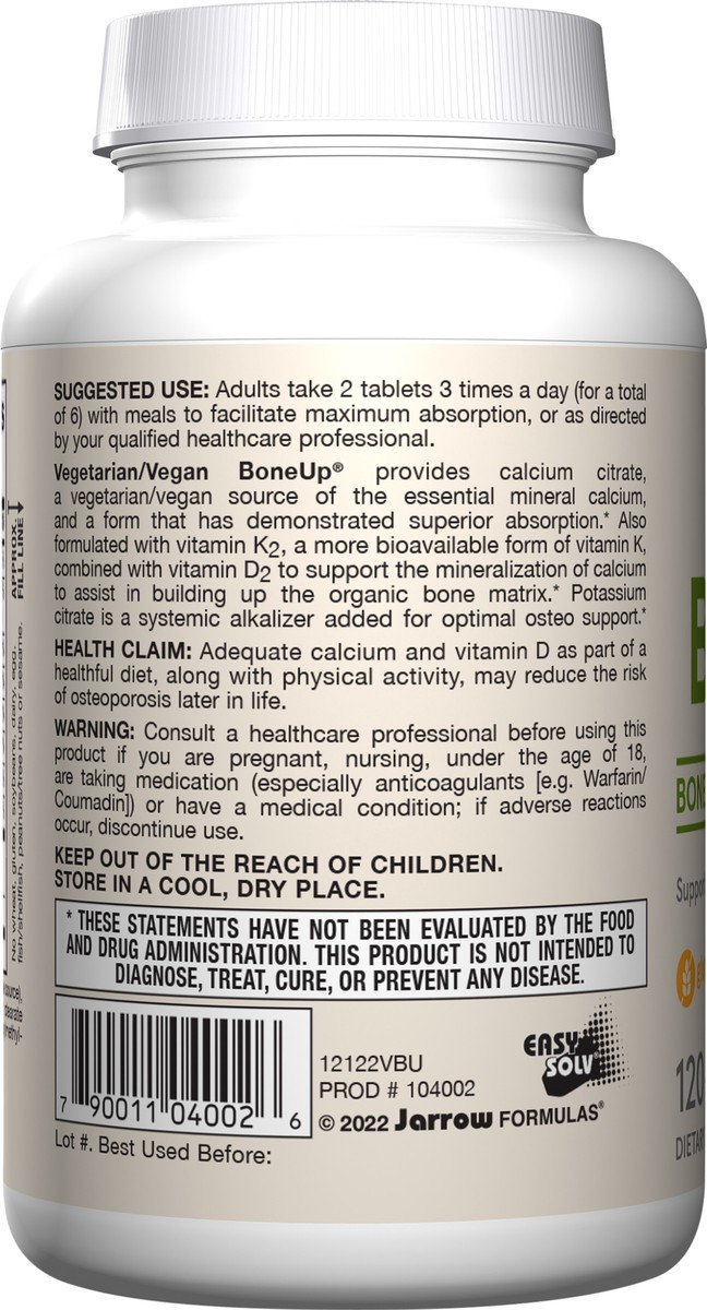 slide 4 of 4, Jarrow Formulas BoneUp Vegetarian - 120 Tablets - Vegetarian/Vegan Supplement for Bone Health - Vegan-Friendly Sources of Vitamin D3, Vitamin K2 (as MK-7) & Calcium - 60 Servings, 120 ct