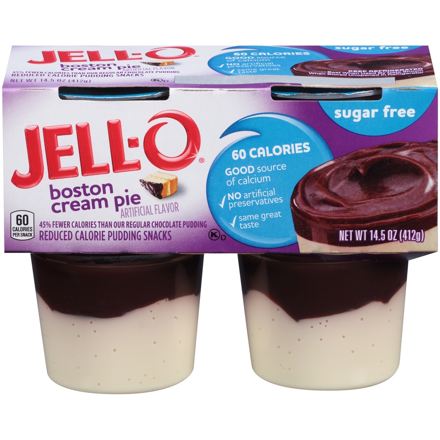 slide 1 of 1, Jell-O Sugar-Free Boston Cream Pie Reduced Calorie Pudding Snacks 4 ct Cups, 4 ct; 14.5 oz