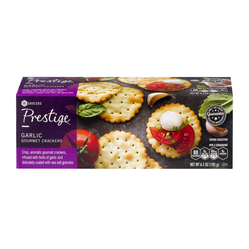 slide 1 of 1, Prestige Gourmet Crackers Garlic, 6.5 oz