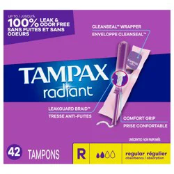Tampax Radiant Tampons, with LeakGuard Braid, Regular Absorbency, Unscented, 42 Count