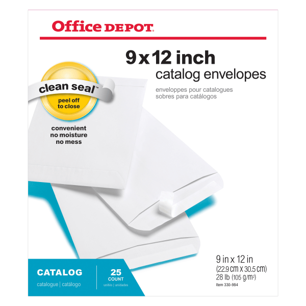 slide 1 of 1, Office Depot Brand Clean Seal Catalog Envelopes, 9'' X 12'', White, Pack Of 25, 25 ct