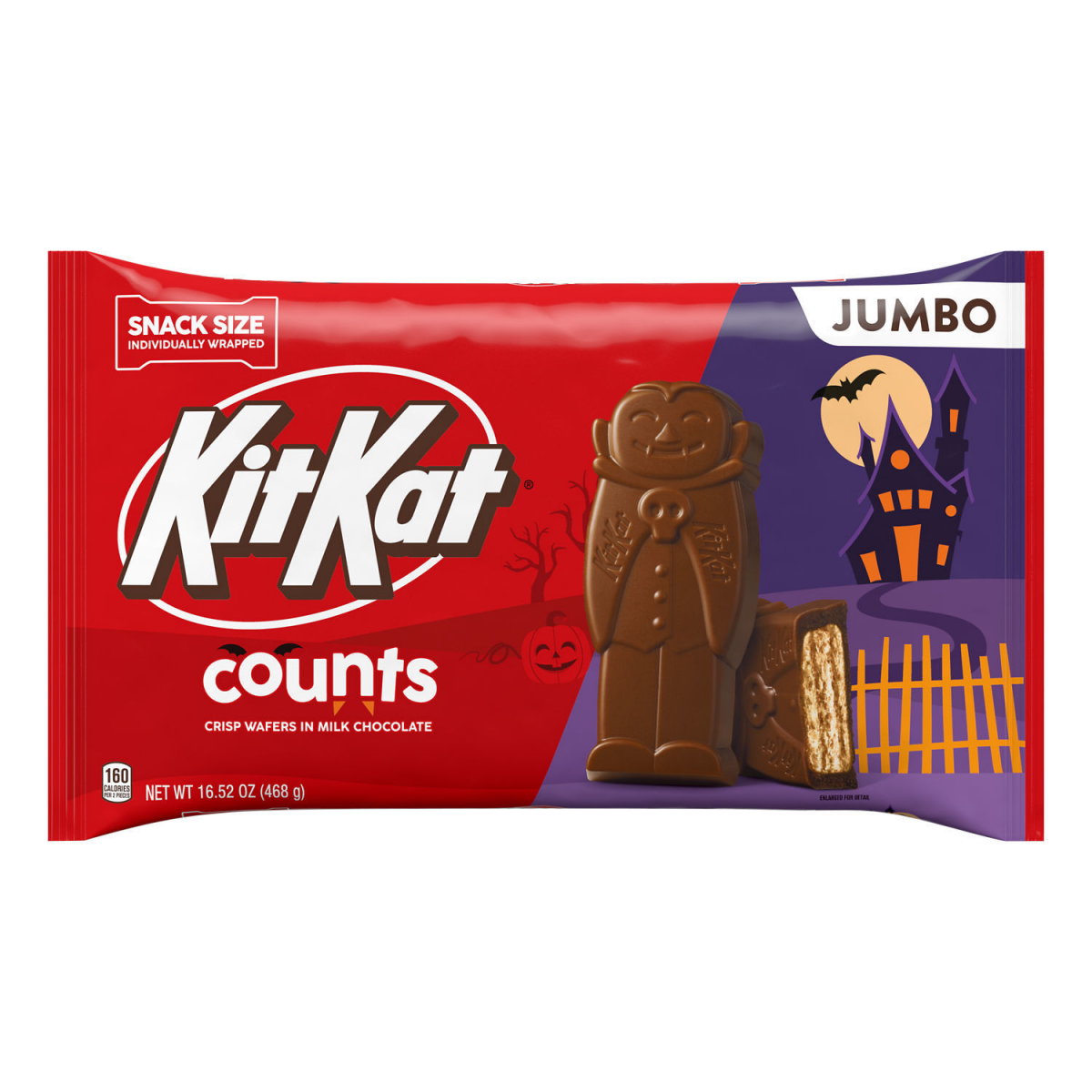slide 1 of 6, KIT KAT Milk Chocolate Wafer Snack Size Counts\, Halloween Candy Jumbo Bag\, 16.52 oz, 16.52 oz