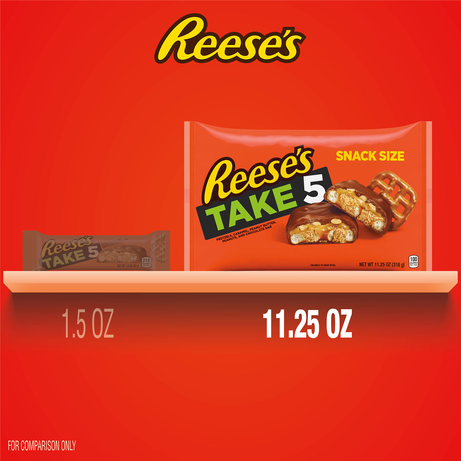 slide 5 of 8, Reese's Candy Bars, Chocolate, Peanut Butter, Peanuts, Caramel, Pretzels, Snack Size, 11.25 oz