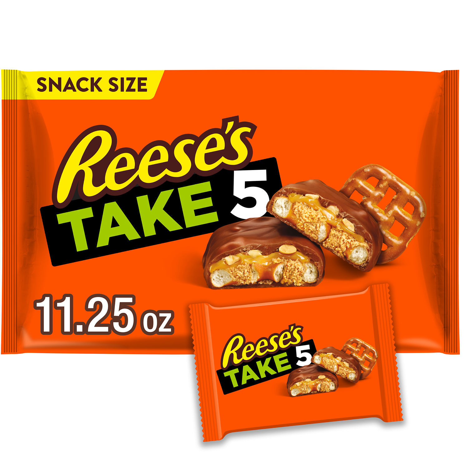 slide 1 of 8, Reese's Candy Bars, Chocolate, Peanut Butter, Peanuts, Caramel, Pretzels, Snack Size, 11.25 oz