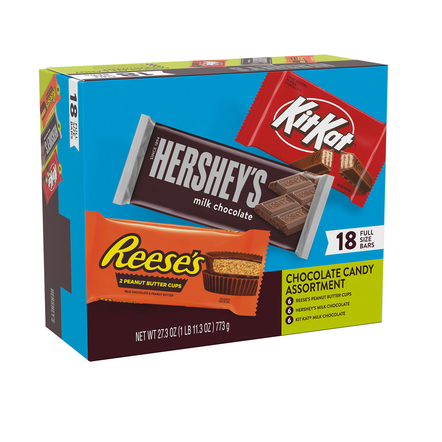 slide 1 of 4, HERSHEY'S, KIT KAT and REESE'S Assorted Milk Chocolate Candy, Easter Gift, 27.3 oz, Variety Box (18 ct), 18 ct