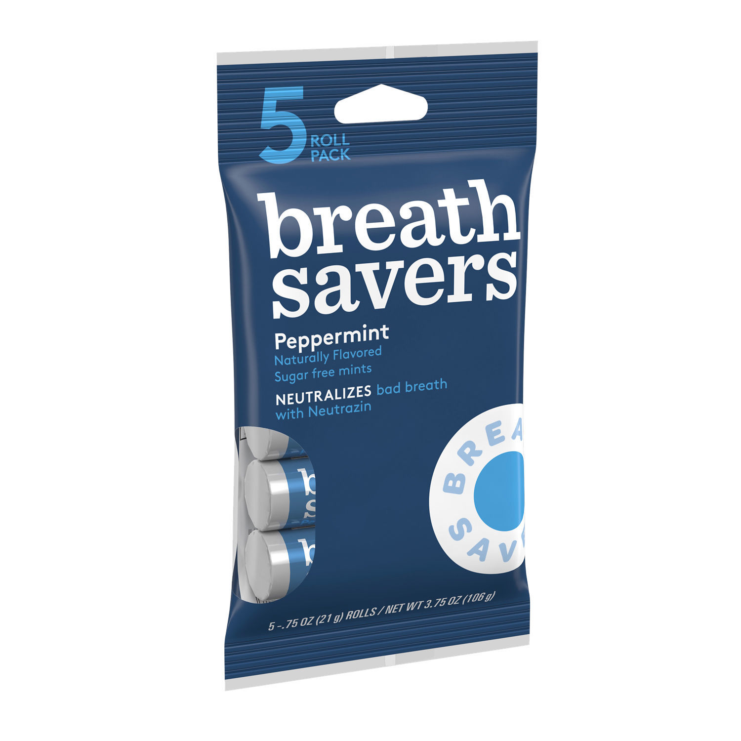 slide 1 of 6, BREATH SAVERS Peppermint Flavored Sugar Free Breath Mints Rolls, 0.75 oz (5 Count), 5 ct