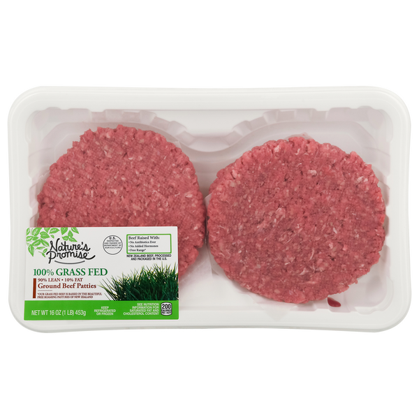 slide 1 of 1, Nature's Promise 90% Lean 10% Fat Grass-fed Ground Beef Patties 4 ct Fresh, 4 ct; 16 oz