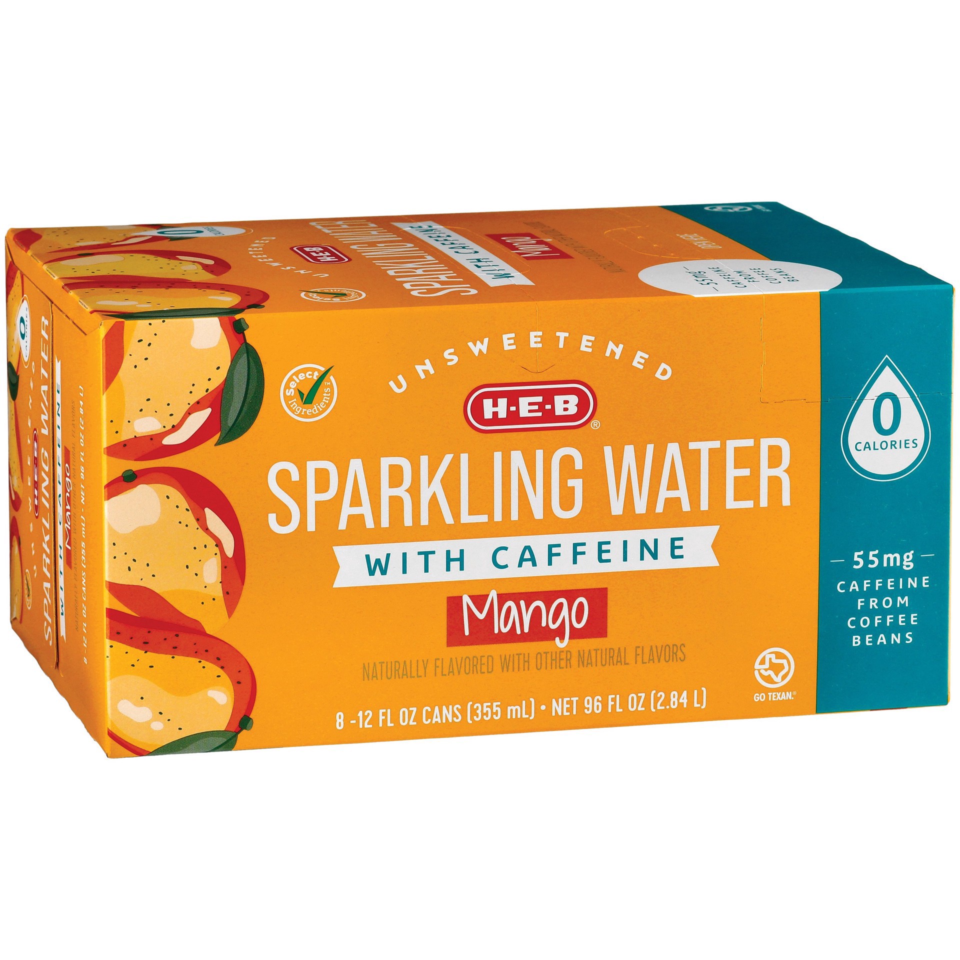 slide 1 of 1, H-E-B Select Ingredients Unsweetened Mango Sparkling Water with Caffeine - 8 ct, 8 ct