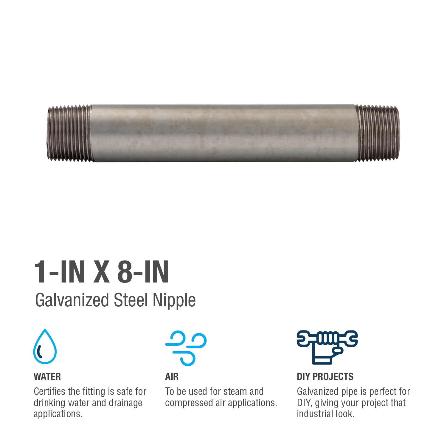 slide 4 of 6, RELIABILT 1-in x 8-in Galvanized Nipple, 1 ct