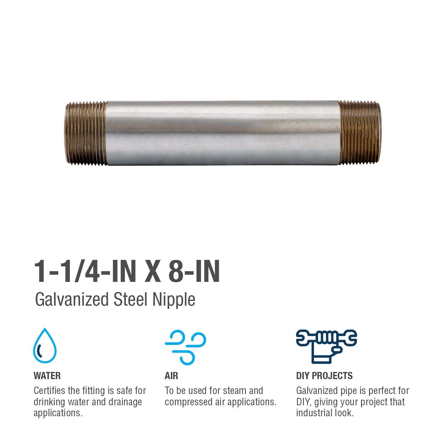 slide 4 of 6, RELIABILT 1-1/4-in x 8-in Galvanized Nipple, 1 ct