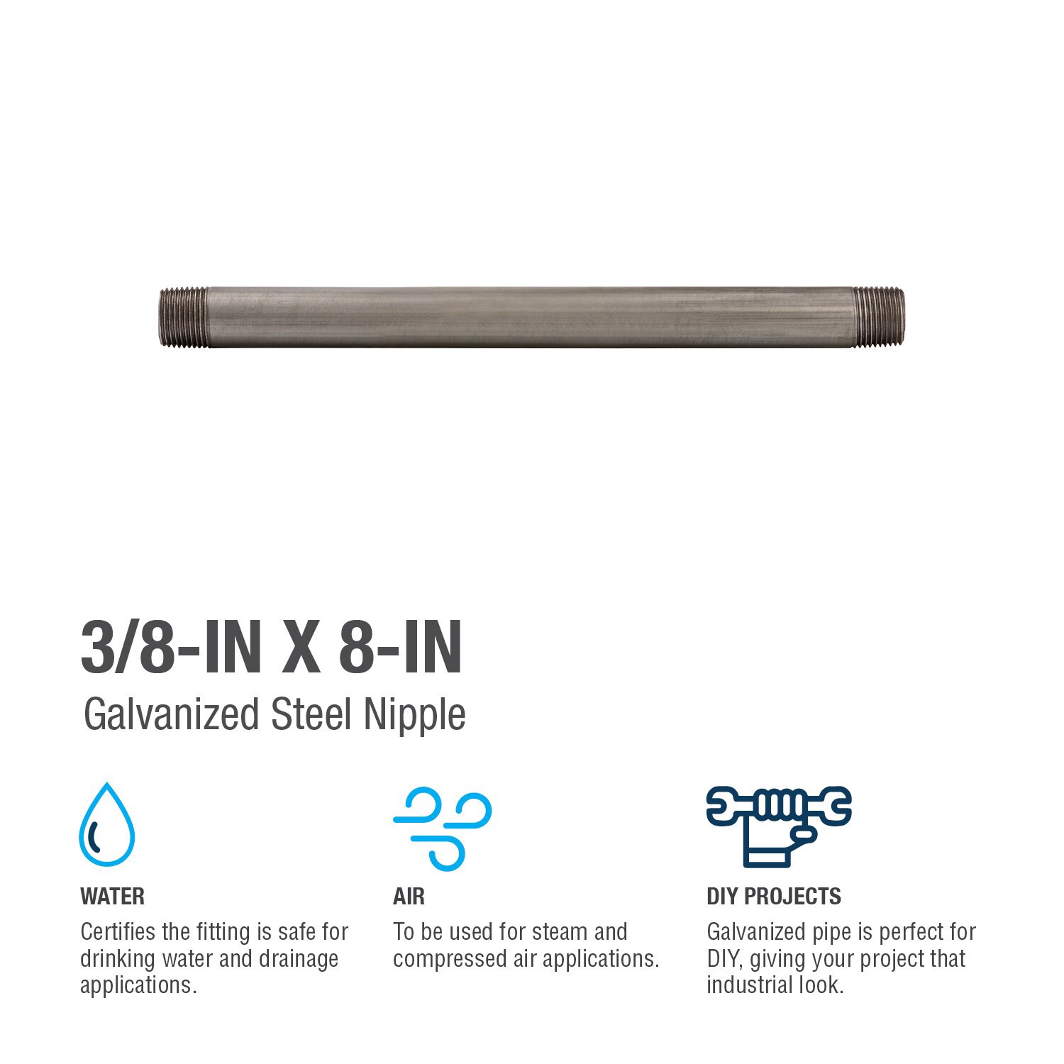 slide 4 of 6, RELIABILT 3/8-in x 8-in Galvanized Nipple, 1 ct