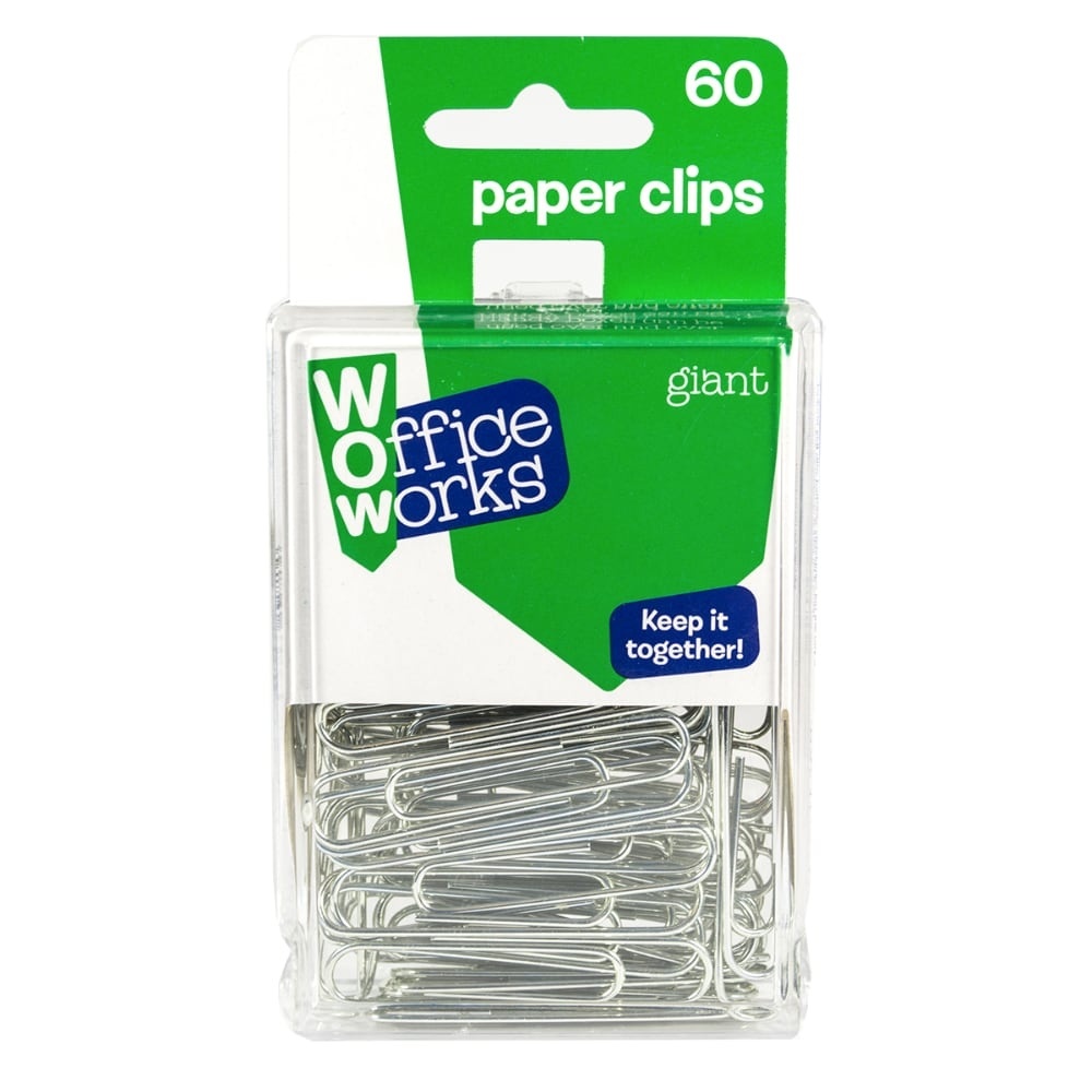 slide 1 of 1, Officeworks Giant Paper Clips 60 Pack Silver, 60 ct