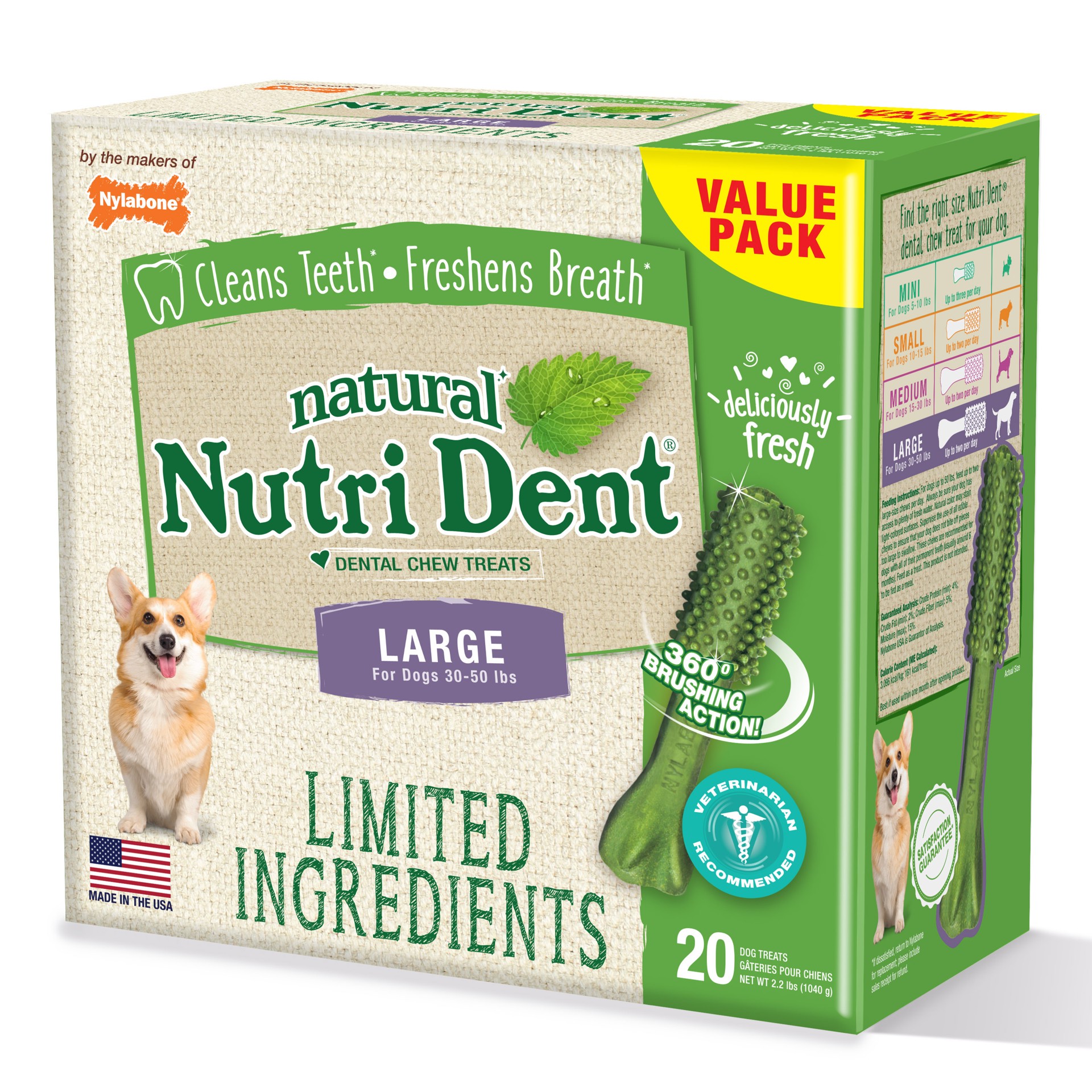 slide 10 of 10, Nylabone Nutri Dent Fresh Breath Flavored Dental Chews Large - 30 lbs. to 50 lbs.(20 Count), large; 2.2 lb