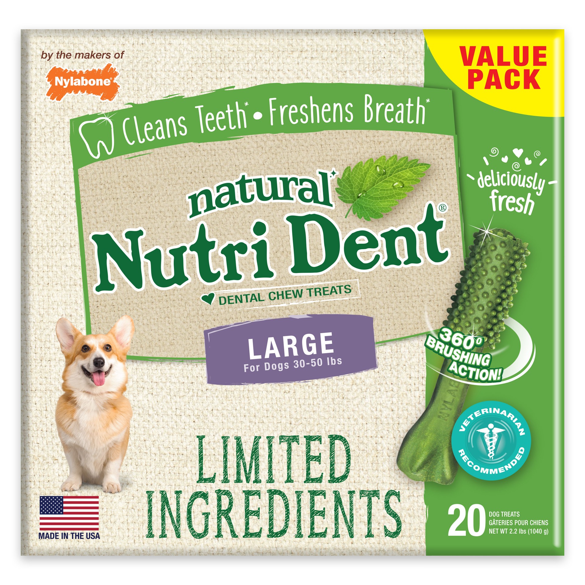 slide 1 of 10, Nylabone Nutri Dent Fresh Breath Flavored Dental Chews Large - 30 lbs. to 50 lbs.(20 Count), large; 2.2 lb