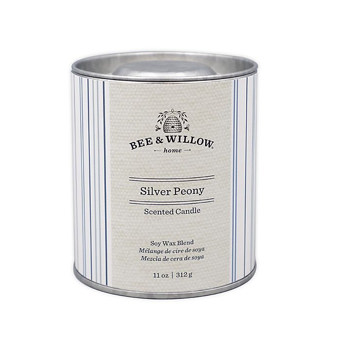 slide 1 of 2, Bee & Willow Home Silver Peony Tin Candle with Ticking Stripe Design, 11 oz