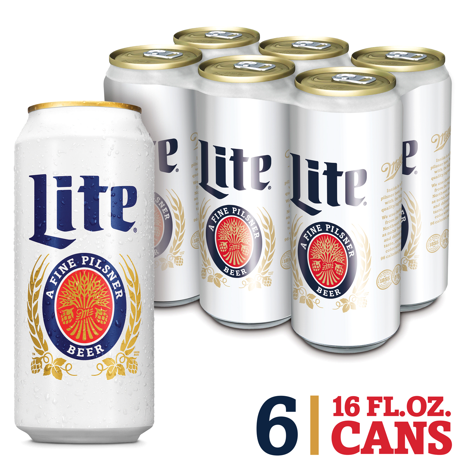 slide 1 of 4, Miller Lite American Light Lager Beer, 4.2% ABV, 6-pack, 16-oz beer cans, 6 oz