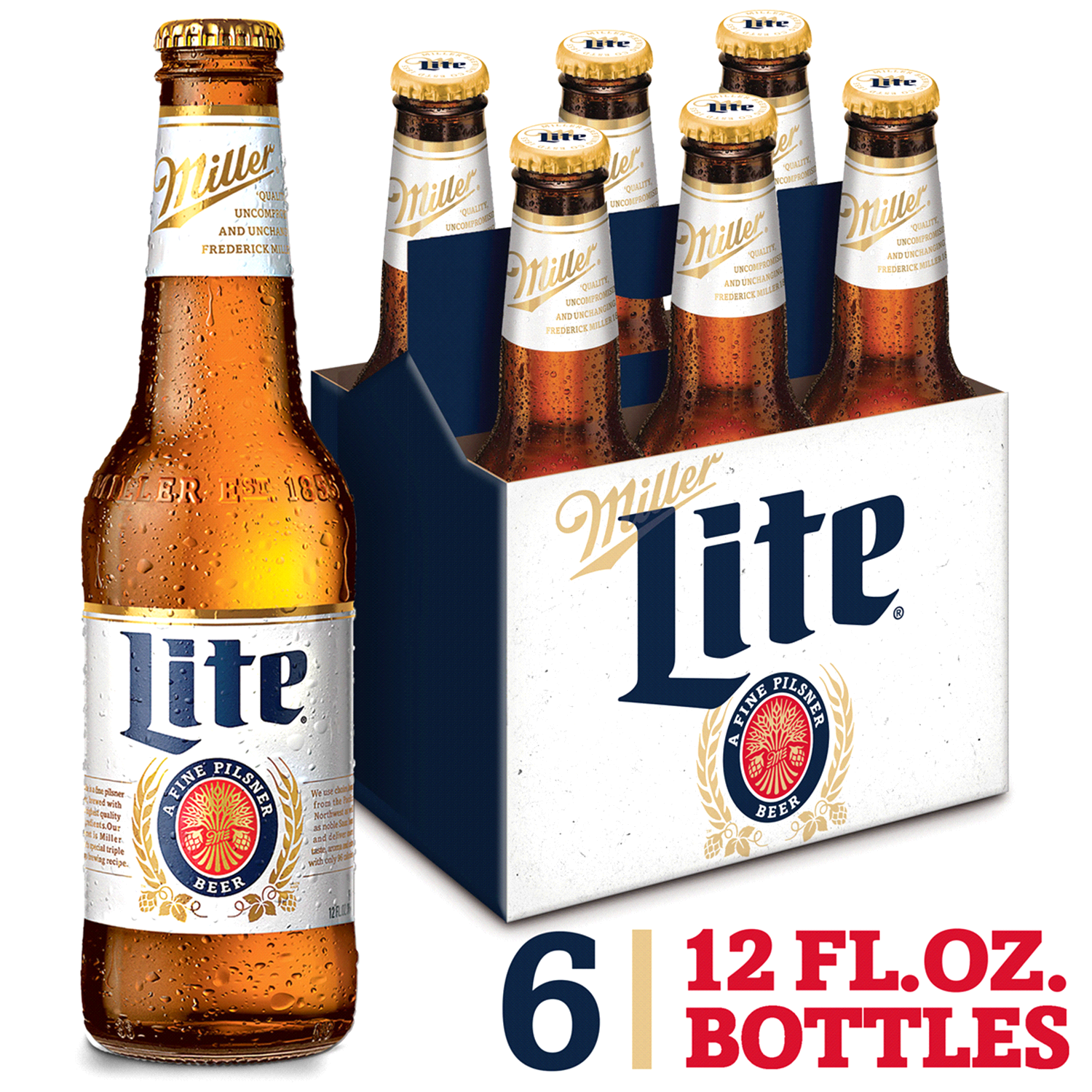 slide 1 of 5, Miller Lite American Pilsner Light Lager Beer, 4.2% ABV, 6-pack, 12-oz. beer bottles, 6 oz
