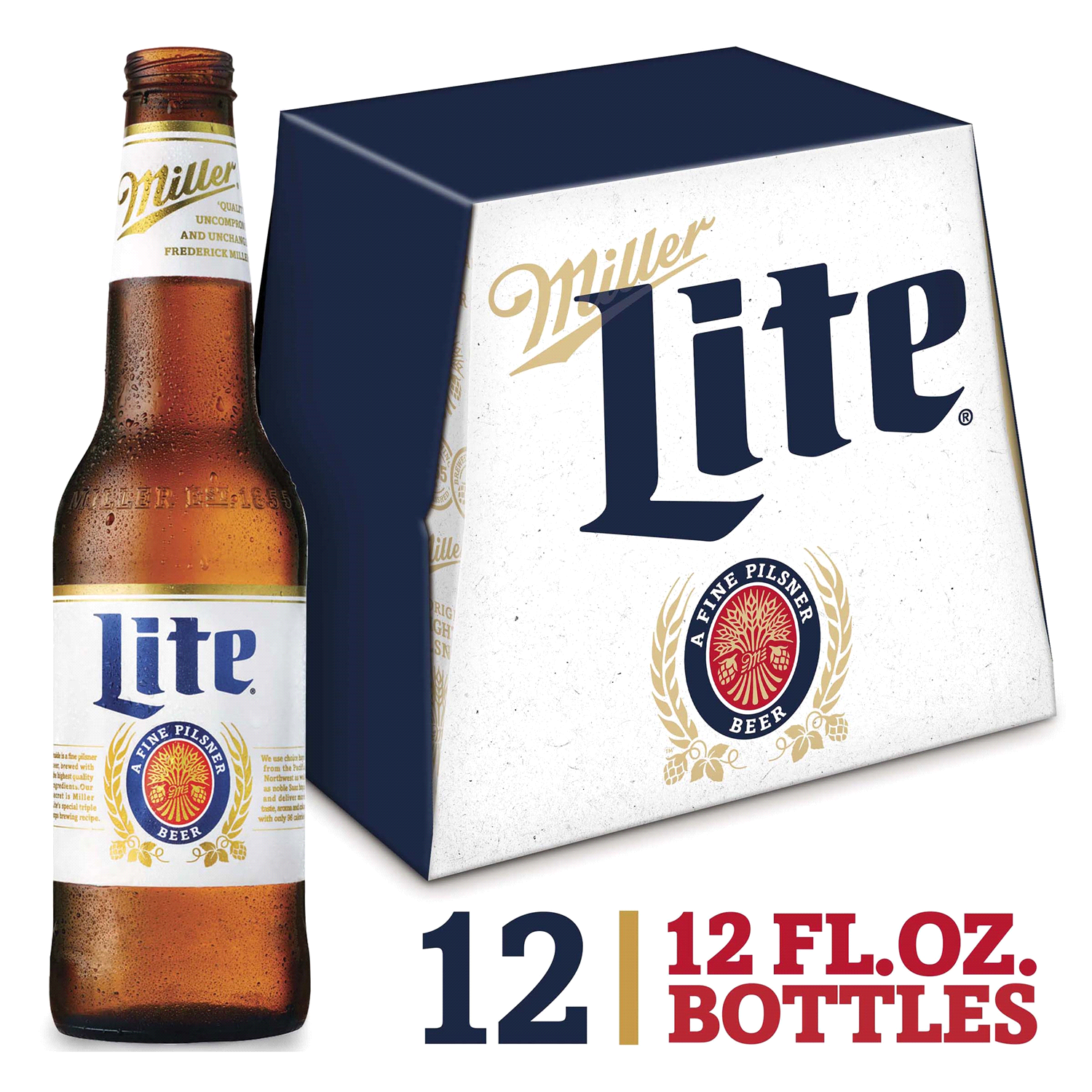 slide 1 of 1, Miller Lite American Pilsner Light Lager Beer, 4.2% ABV, 12-pack, 12-oz. beer bottles, 12 oz