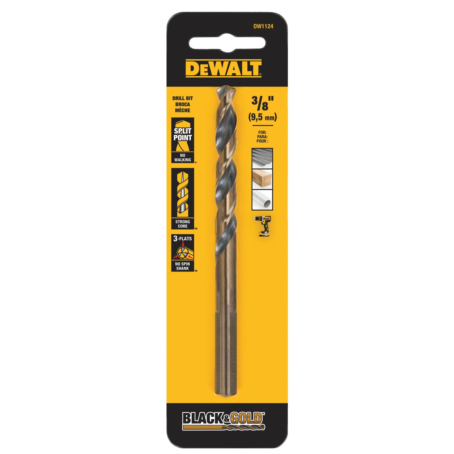 slide 1 of 6, DEWALT 3/8-in x 5-1/16-in Black and gold coated HSS Jobber length Twist Drill Bit, 1 ct