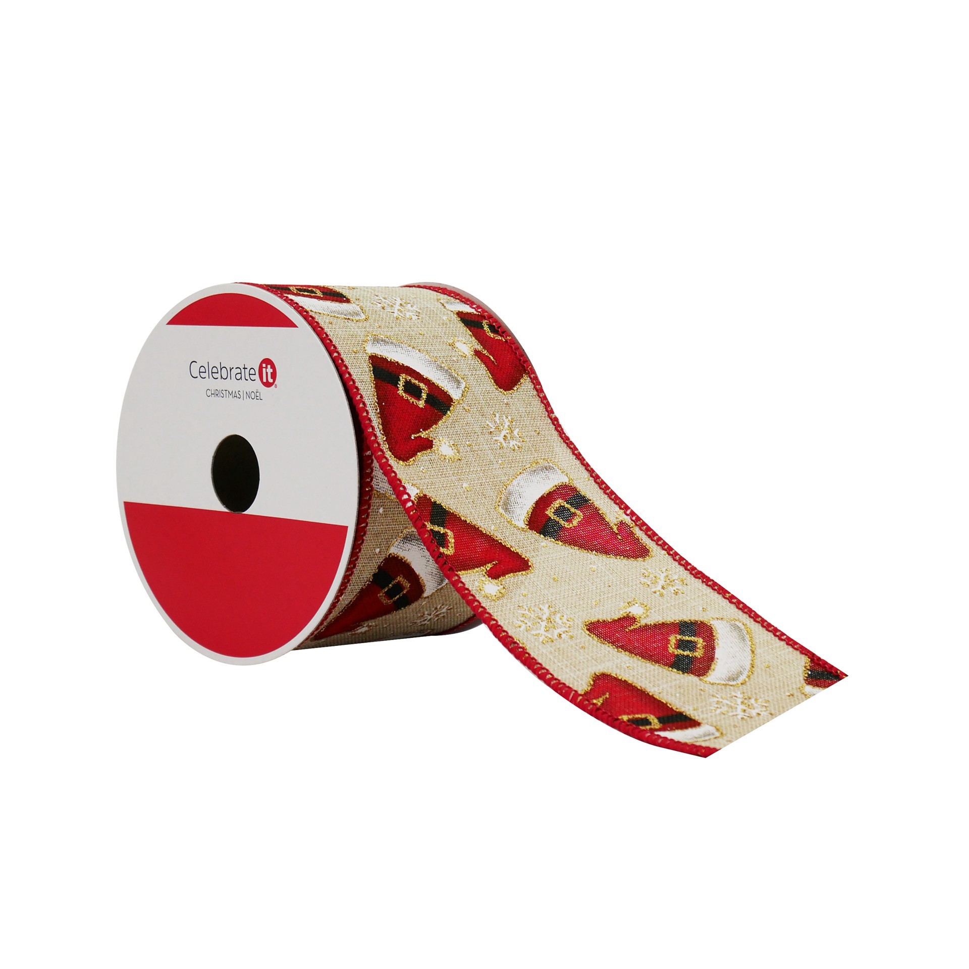 slide 2 of 3, 2.5" X 20ft. Santa Hat Faux Linen Wired Ribbon By Celebrate It, 2.5 in x 20 ft