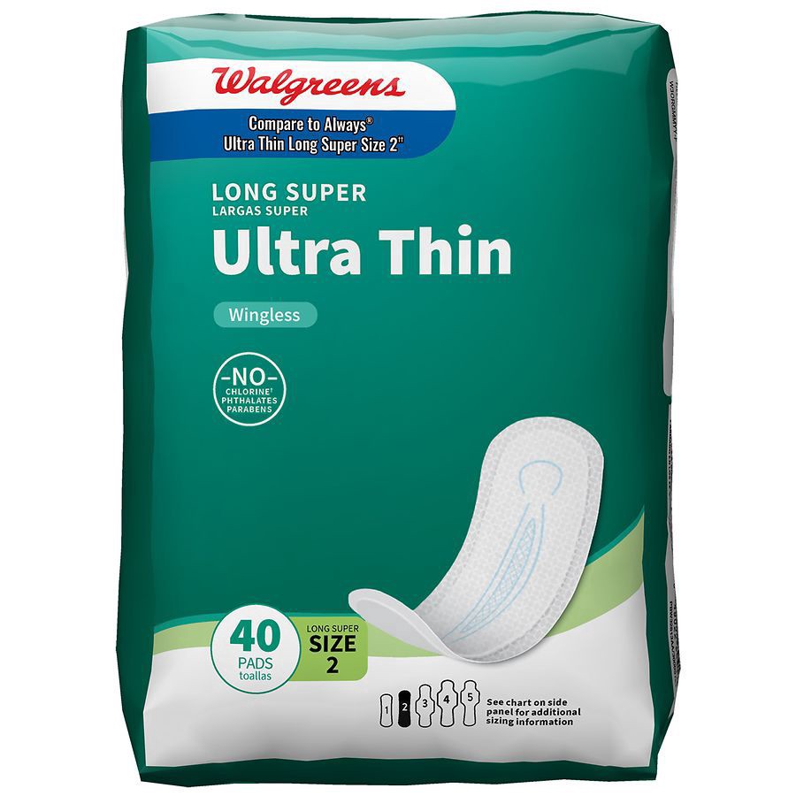 slide 1 of 5, Walgreens Ultra Thin Long Super Wingless Pads, 40 ct