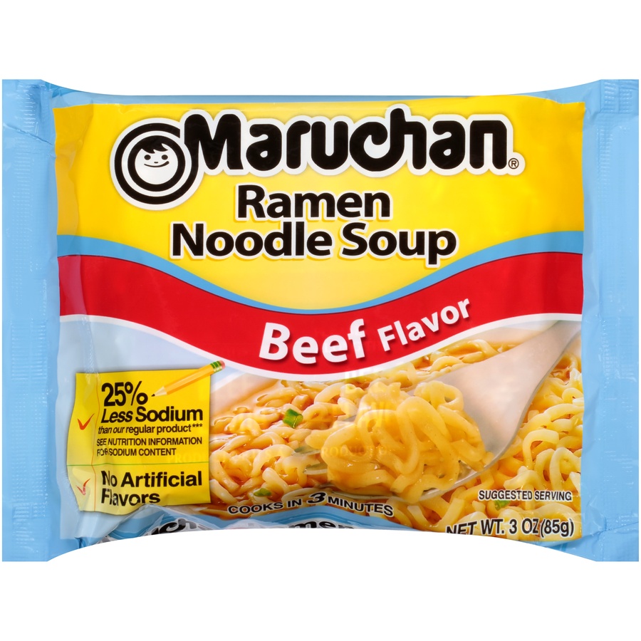 slide 1 of 6, Maruchan Beef Flavor 35% Less Sodium Ramen Noodle Soup, 3 oz