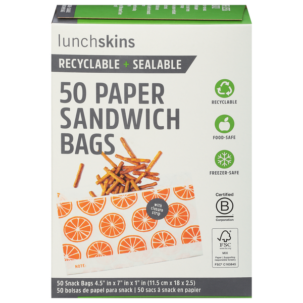 slide 1 of 1, lunchskins Recyclable + Sealable Oranges Paper Snack Bags, 50 ct