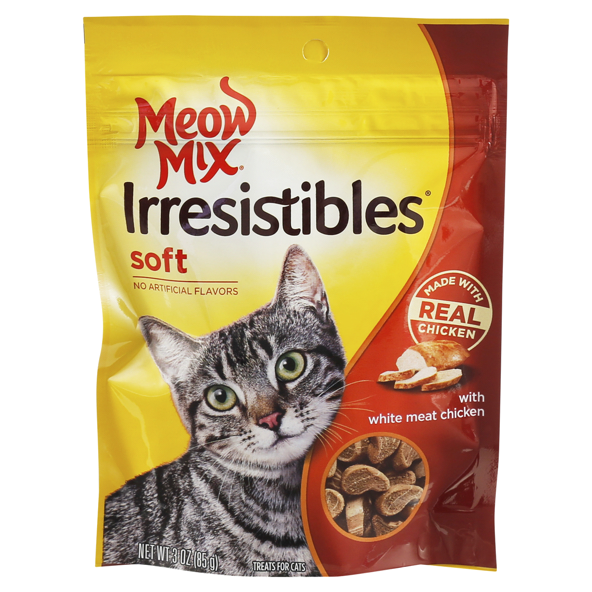 slide 1 of 1, Meow Mix Irresistibles Cat Treats Soft with White Meat Chicken, 3 oz