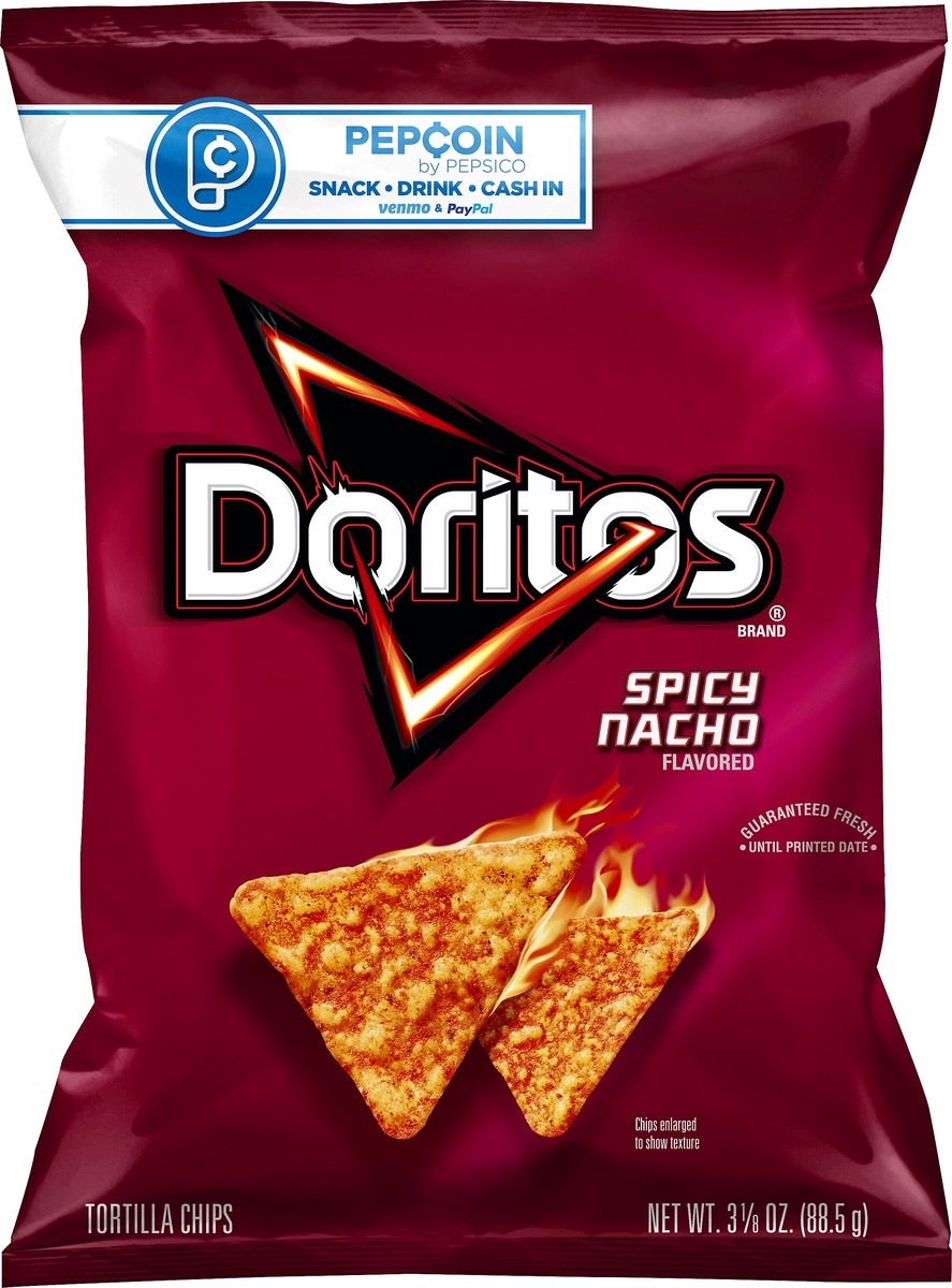 slide 3 of 6, Doritos Spicy Nacho Flavored Tortilla Chips 3.125 oz, 3.12 oz