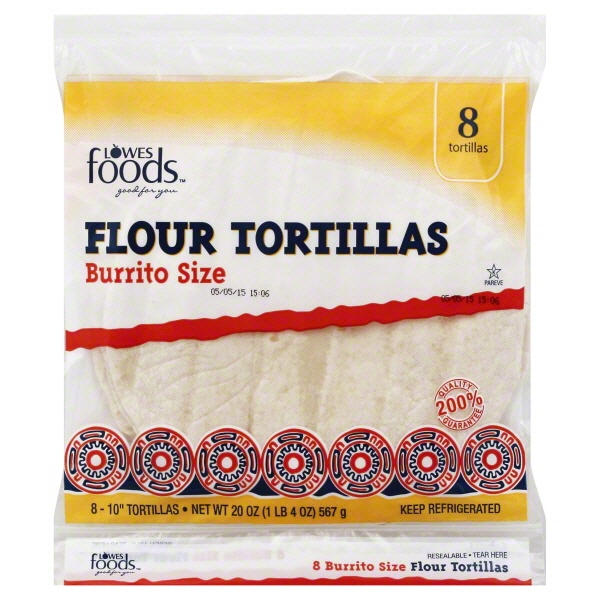 slide 1 of 1, Lowes Foods Flour Tortilla Burrito, 8 ct; 20 oz