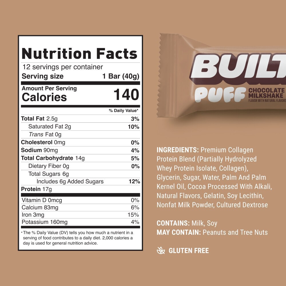 slide 2 of 6, Built™ Chocolate Milkshake Puff Protein Bar, 1 ct