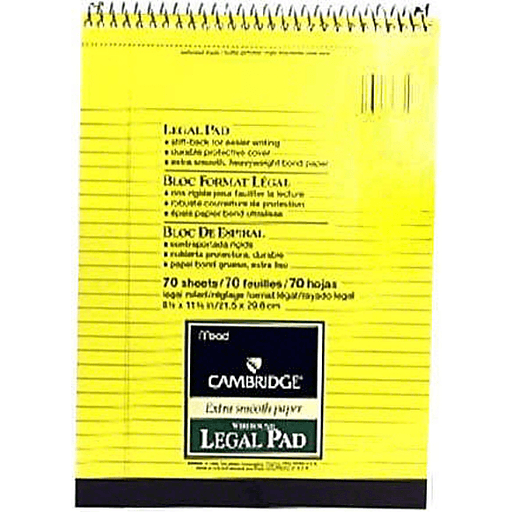 slide 1 of 1, Cambridge Legal Pad, Stiff-Back Canary Yellow Wirebound, 1 ct