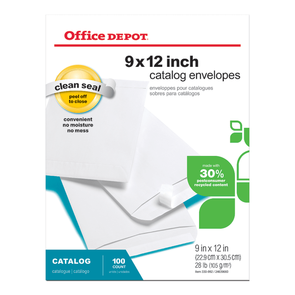 slide 1 of 1, Office Depot Brand Clean Seal Catalog Envelopes, 9'' X 12'', 30% Recycled, White, Box Of 100, 100 ct