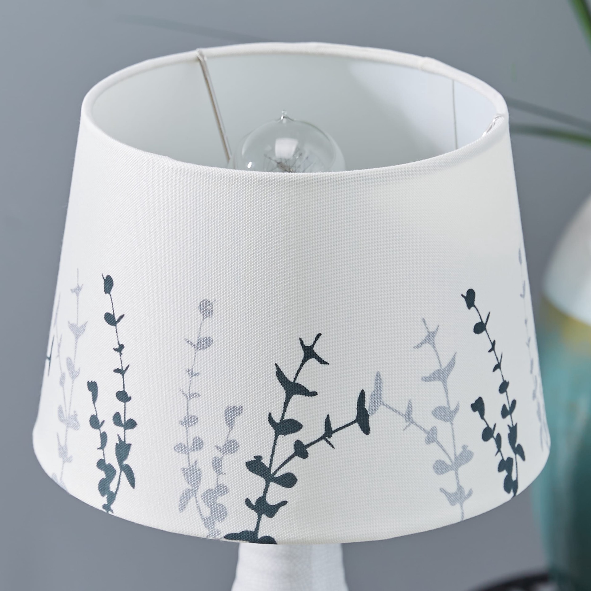 slide 2 of 3, allen + roth 7-in x 10-in Off White with Silver Screen Print Fabric Drum Lamp Shade, 1 ct