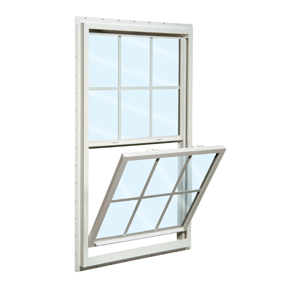 slide 1 of 6, RELIABILT 150 Series 23-1/2-in x 35-1/2-in White Exterior Vinyl New Construction Single Hung Window Low-E argon Double Pane Glass with Grids, (Half Screen Included), 1 ct