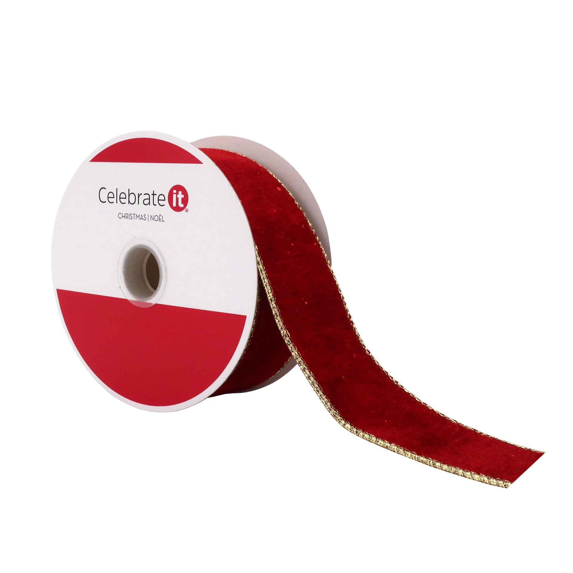 slide 2 of 3, 1.5" X 15ft. Red & Gold Velvet Wired Ribbon By Celebrate It, 1.5 in x 15 ft