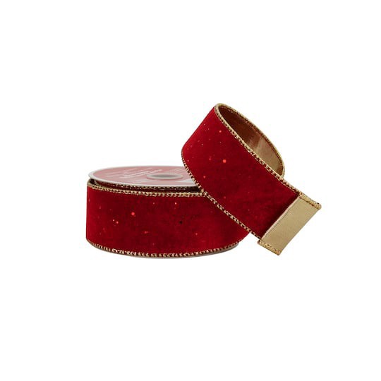 slide 1 of 3, 1.5" X 15ft. Red & Gold Velvet Wired Ribbon By Celebrate It, 1.5 in x 15 ft