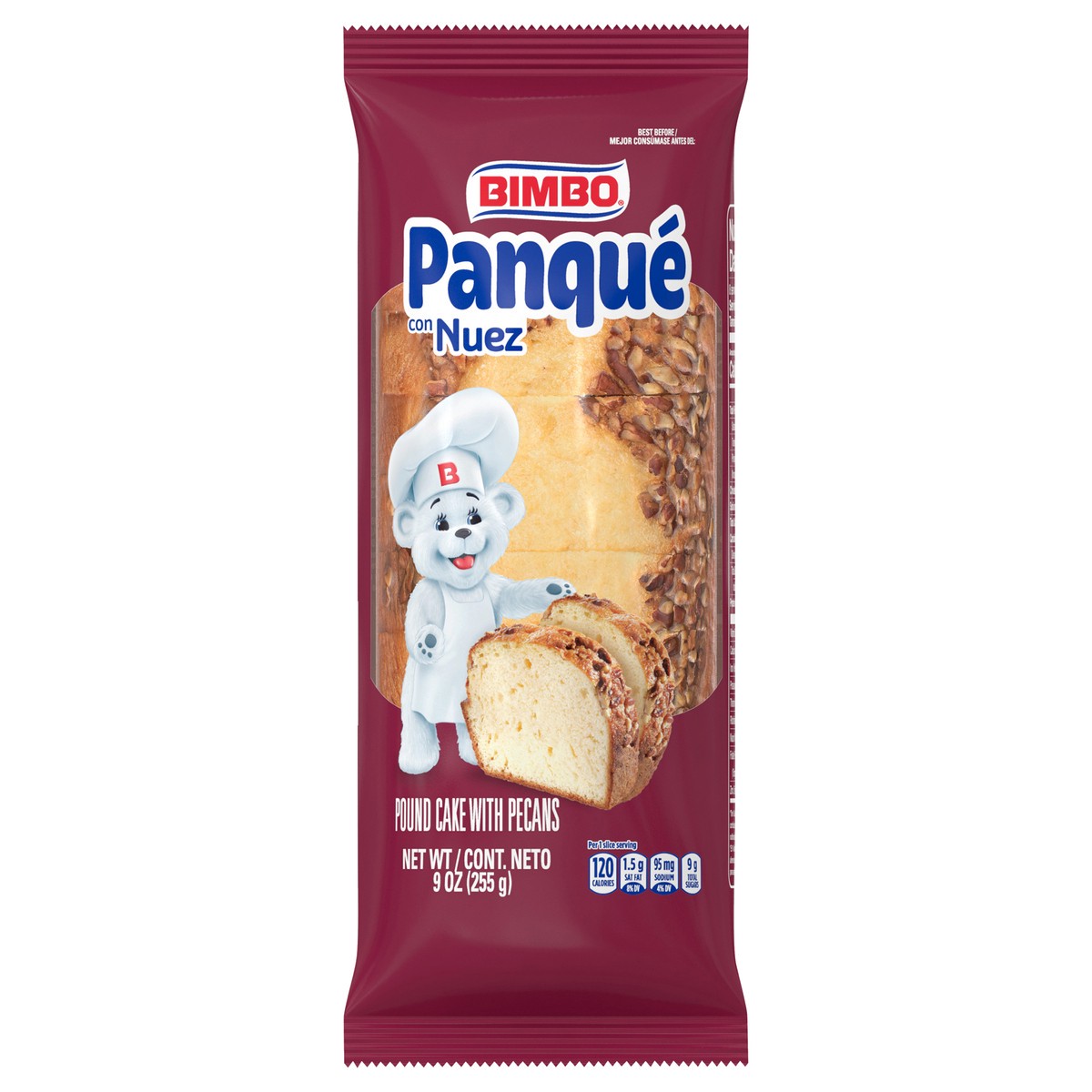 slide 1 of 7, Bimbo Panqué con Nuez Plain Pound Cake with Pecans, 9.88 oz, count, Soft Pound Cakes, Bag, 9.88 oz