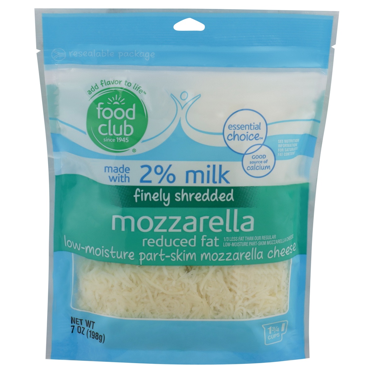 slide 1 of 9, Food Club Reduced Fat Low-moisture Part-skim Mozzarella Finely Shredded Cheese, 7 oz