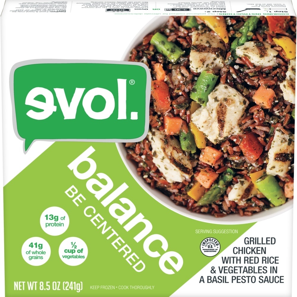 slide 1 of 1, EVOL Balance Grilled Chicken With Red Rice & Vegetables In A Basil Pesto Sauce, 8.5 oz