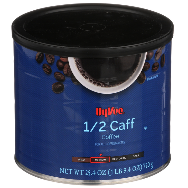 slide 1 of 1, Hy-vee Medium Roast 1/2 Caff 100% Ground Coffee - 25.4 oz, 25.4 oz